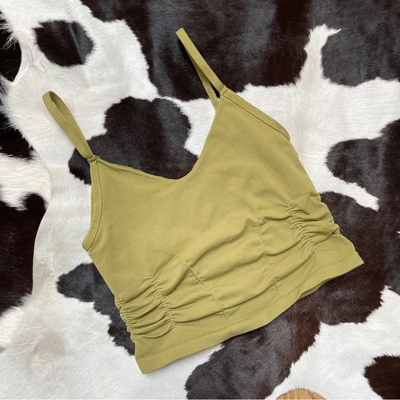 NWOT FREE PEOPLE MOVEMENT GOOD KARMA DUSTED MILITARY (KHAKI) RUCHED CROP TANK - Picture 5 of 10